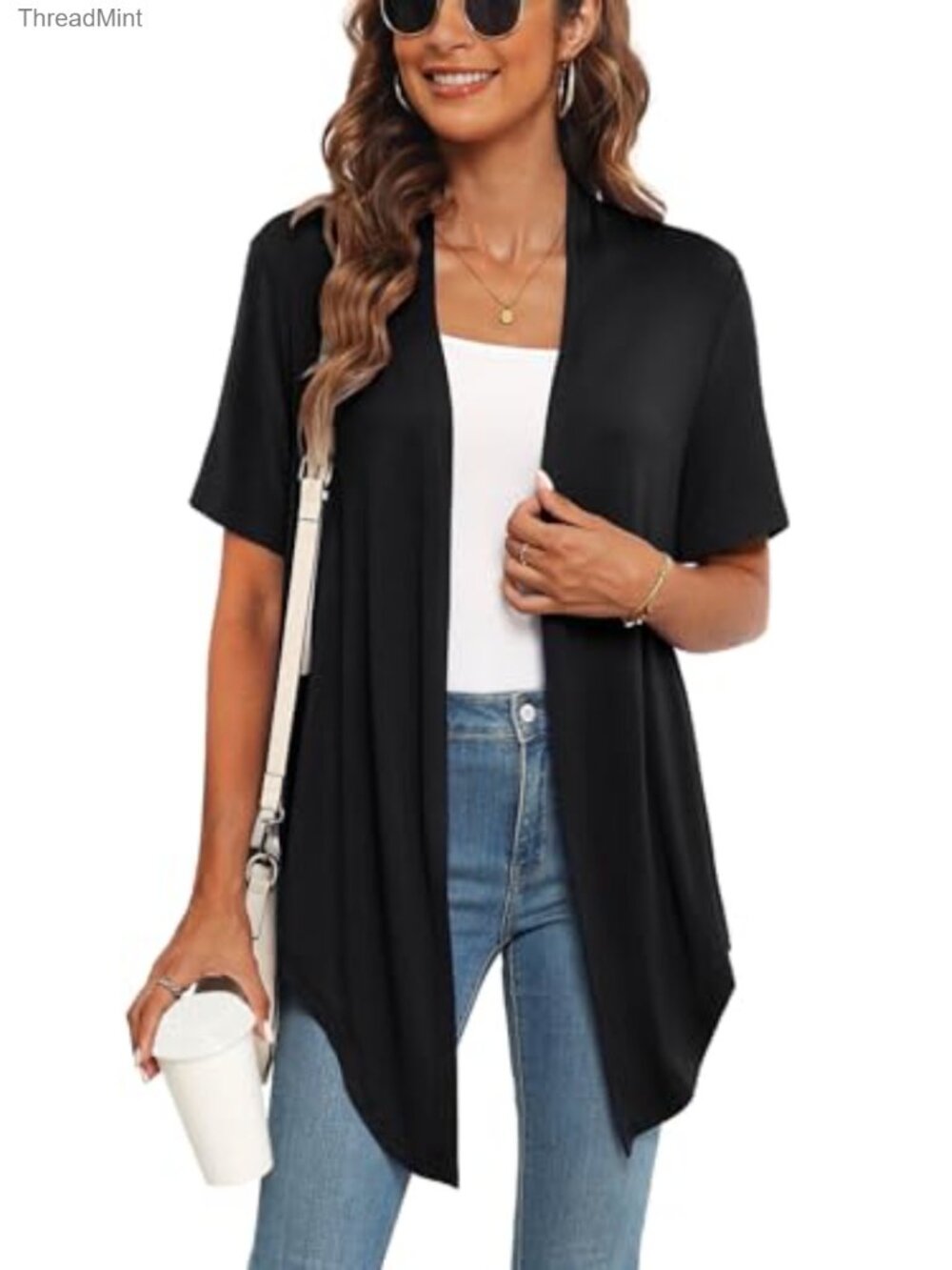Women Short Sleeve Open Front Tie Lightweight Summer Cardigan